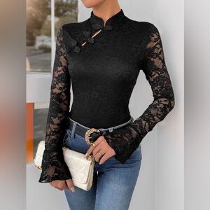 Perfee Lace Mock Neck Long Sleeve Bodysuit 10010024640